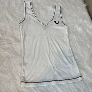 True Religion deep v ribbed White Tank Top black stitching y2k